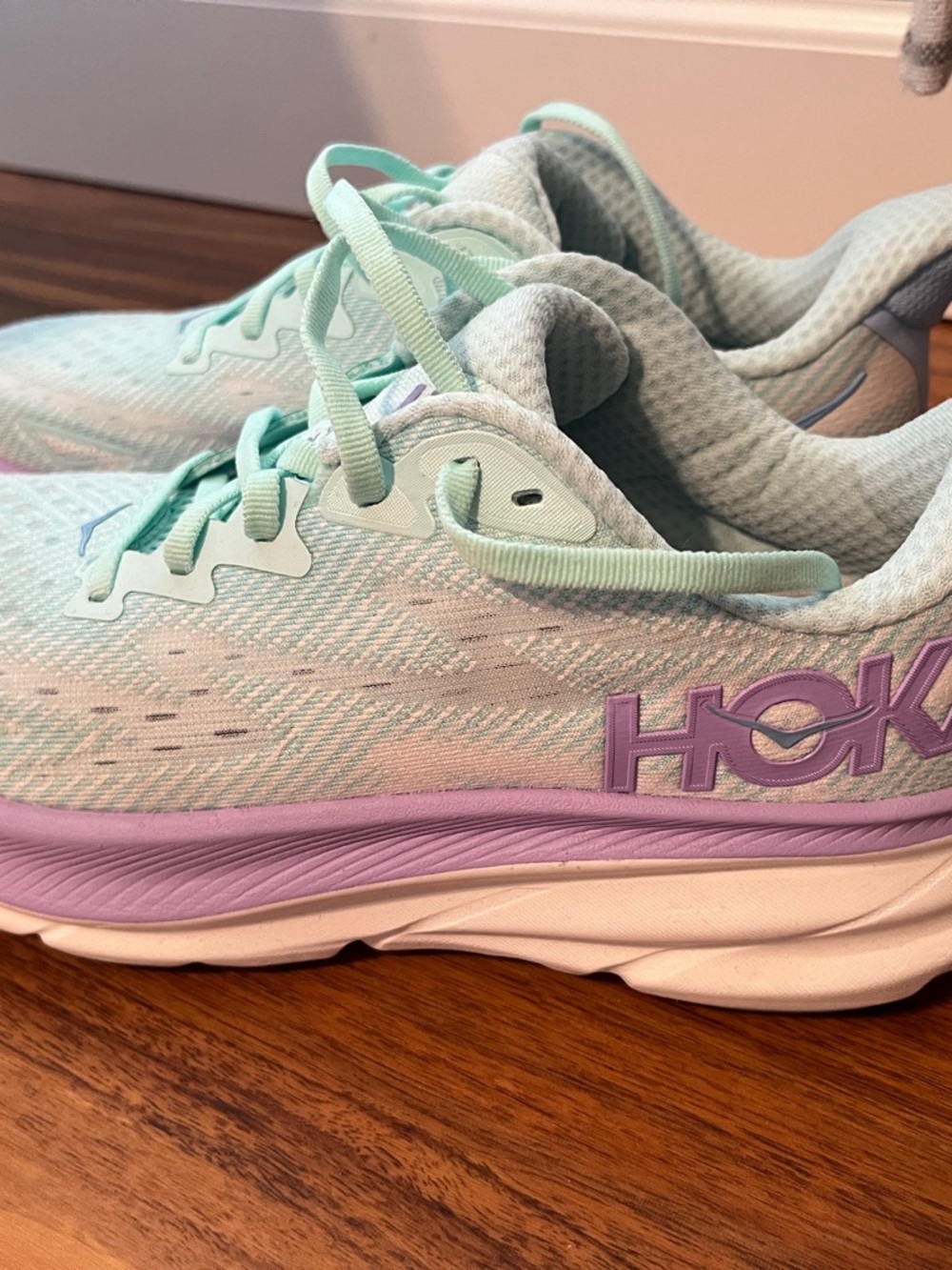 Hoka Clifton 9 Women's Mint and Lavender Running Sneakers - Picture 3 of 7